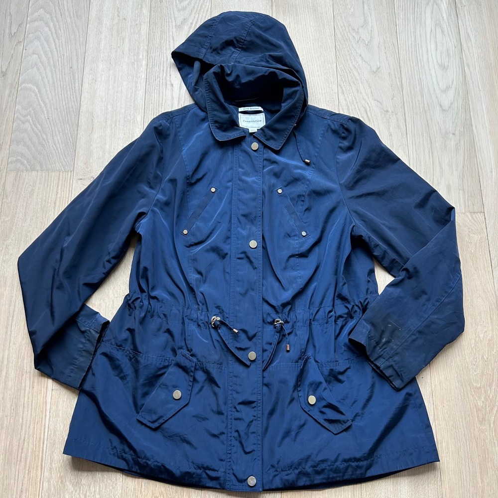 Charter‎ Club Rain Jacket 0X Navy Blue Water Resistant Detachable Hood Classic